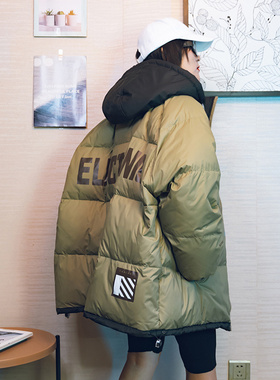 欧货街头潮牌字母羽绒服男女冬装情侣宽松加大码连帽面包服鸭绒