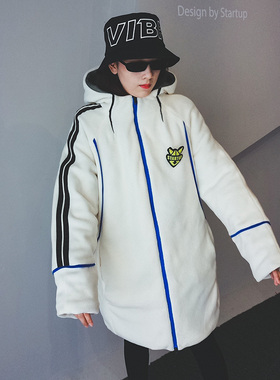 福利清仓冬装潮牌摇粒绒棉服女韩版冬装加绒棉衣宽松中长款纯白色