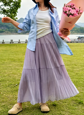 2025秋季新款旅行飘逸百褶裙半身裙文艺长裙仙女雪纺蓬蓬裙大摆裙