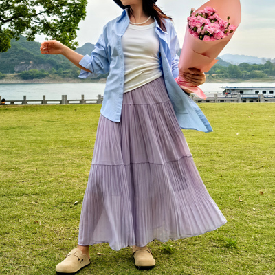 2025秋季新款旅行飘逸百褶裙半身裙文艺长裙仙女雪纺蓬蓬裙大摆裙