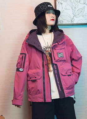 秋装潮牌双拉链口袋工装冲锋式男女户外宽松大码连帽外套情侣登山