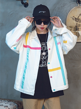 秋装潮牌街头时尚彩条白色牛仔外套学生女宽松bf机车港风短夹克