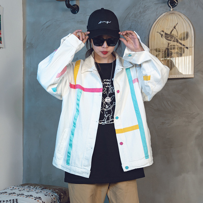 男女情侣款不对称拼色牛仔外套