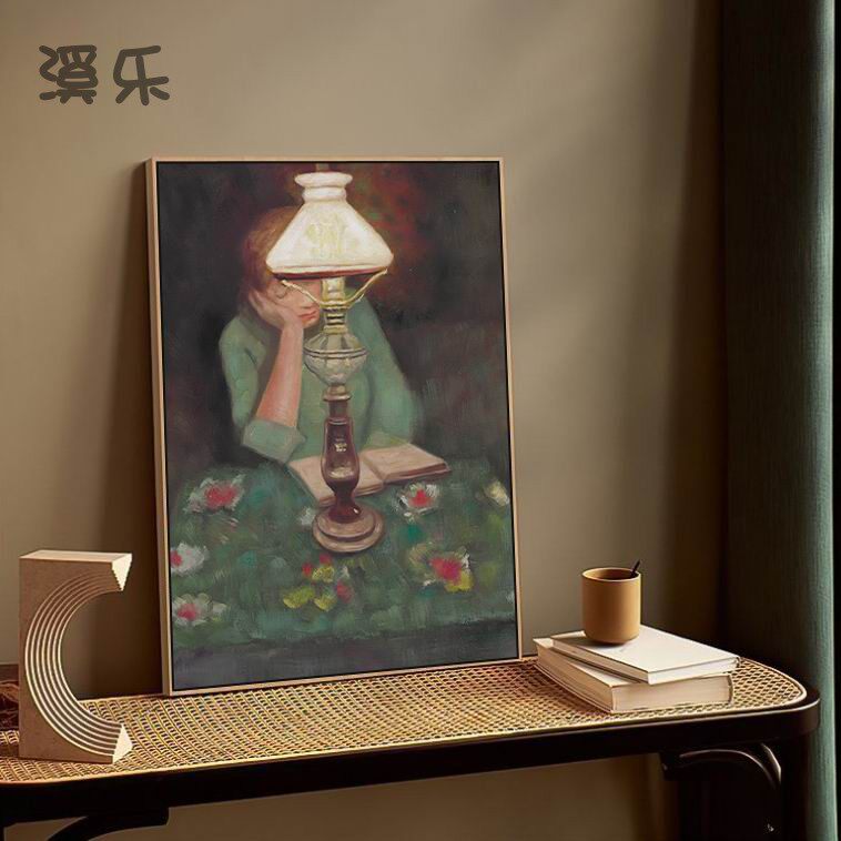 读书女孩欧式复古客厅书房玄关装饰画卧室印象派小众挂画美式壁画