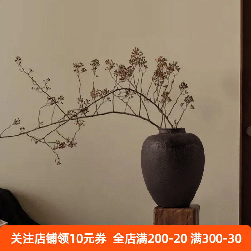 中古侘寂风黑色陶罐花瓶摆件装饰