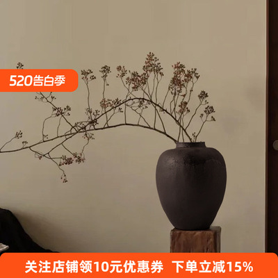 中古侘寂风黑色陶罐花瓶摆件装饰