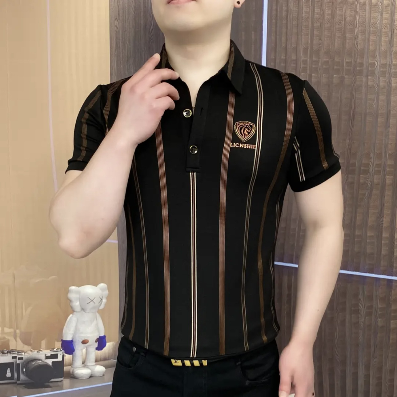 欧货夏季新款男士POLO衫翻领短袖T恤时尚修身弹力条纹短袖上衣男