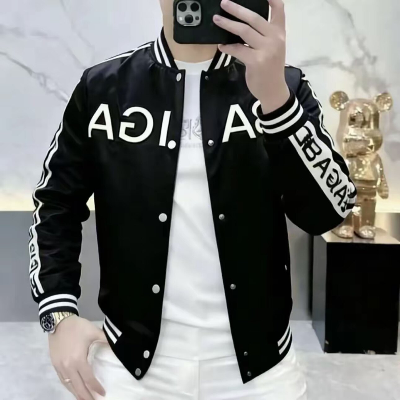 欧货春季新款男士棒球领织带夹克外套时尚百搭休闲潮流修身外套男