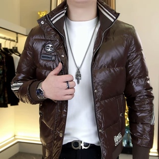 欧货冬季新款男士立领织带羽绒服时尚潮流修身百搭休闲外套上衣男