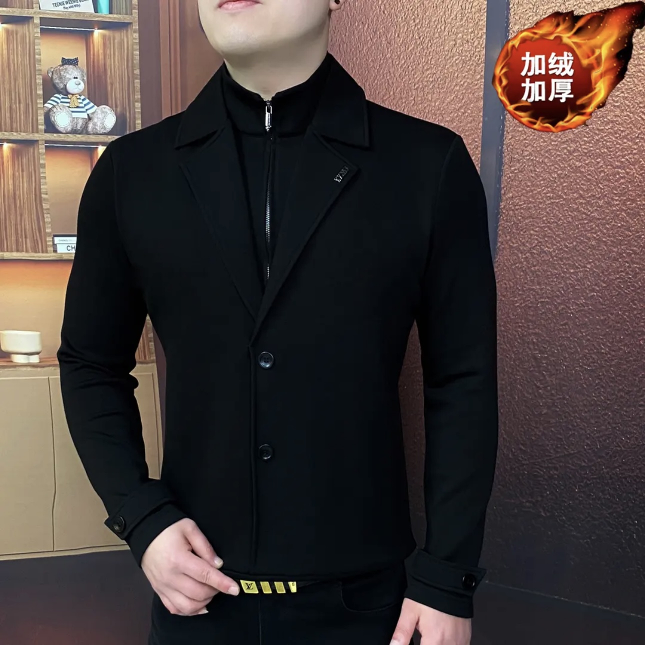 欧货冬季新款男士翻领拉链假两件卫衣时尚修身百搭打底衣型男潮款