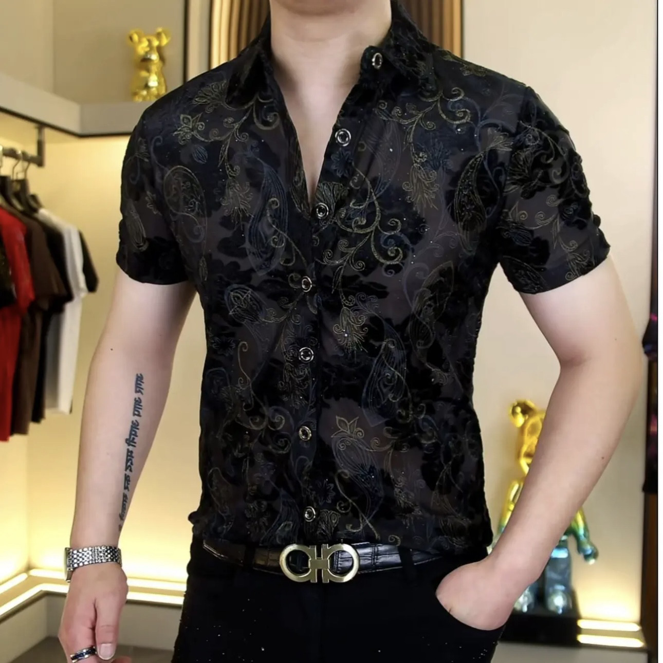 欧货夏季新款男士金丝绒雕花植绒短袖衬衫时尚修身弹力半袖衬衣男