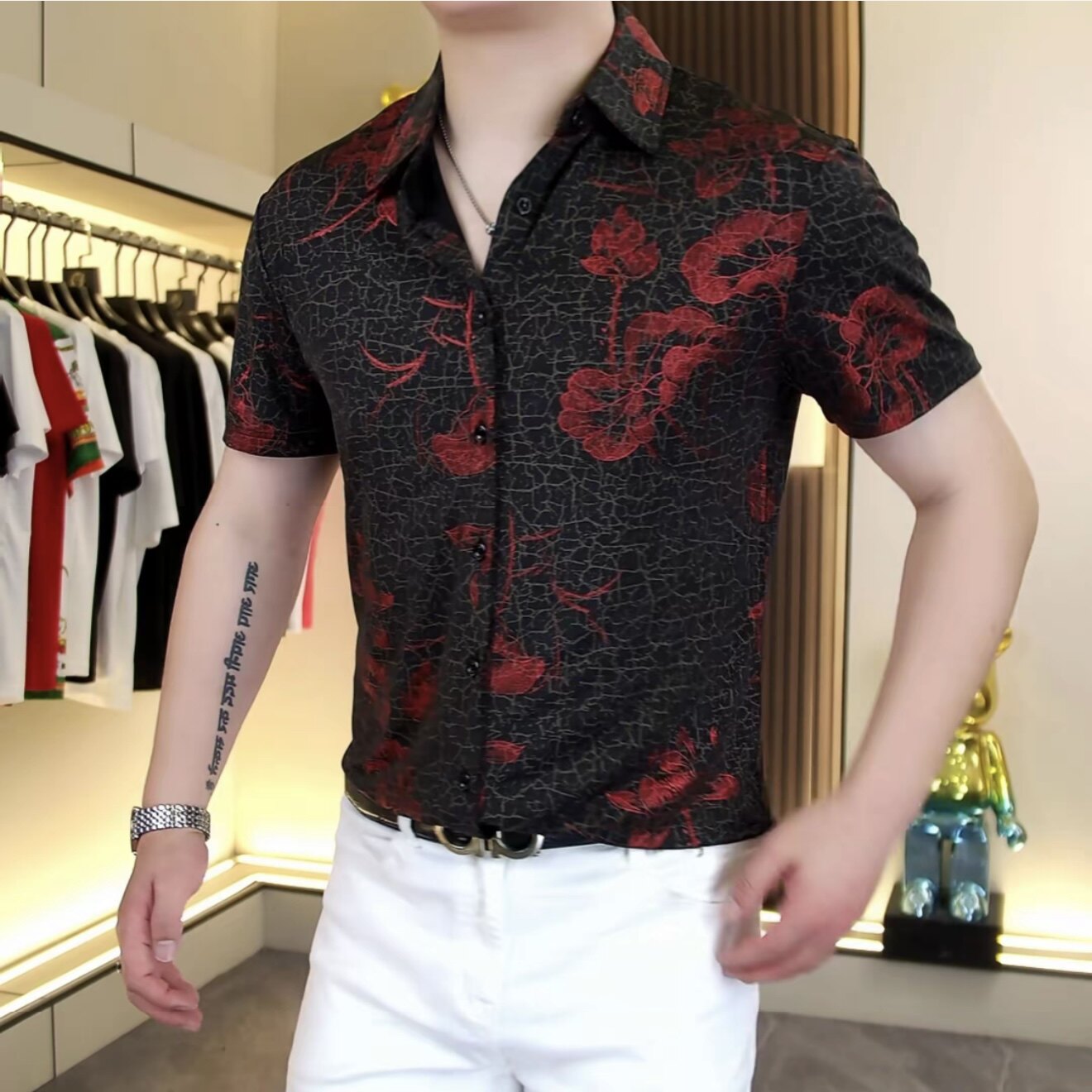 欧货夏季新款男士翻领冰丝印花短袖衬衣时尚修身弹力个性半袖上衣