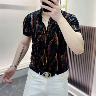 夏季新款男士短袖衬衫时尚潮流印花修身半截袖衬衣男装休闲上衣服