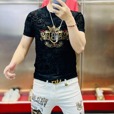 欧货站2025新款短袖男士丝绒雕花烫钻圆领修身弹力轻奢T恤上衣潮