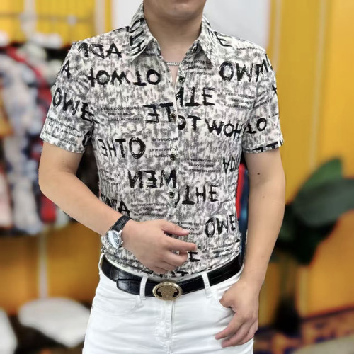 欧货夏季新款男士翻领冰丝印花短袖衬衫时尚轻奢修身弹力修身上衣