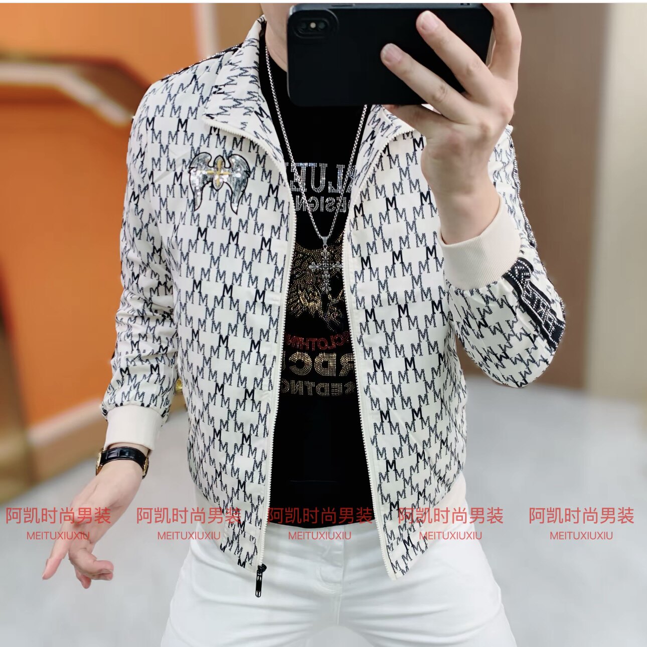 欧货秋季新款男士立领字母印花长袖夹克时尚修身弹力型男外套上衣