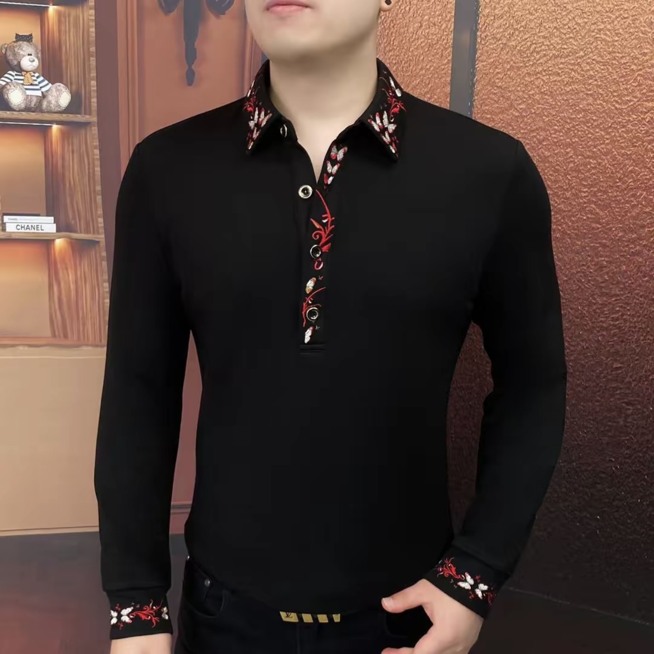 欧货冬季新款男士翻领刺绣长袖加绒卫衣时尚潮流修身百搭休闲打底