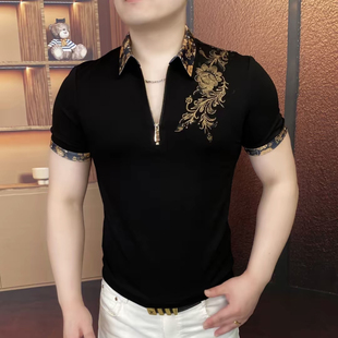 翻领烫钻短袖 上衣男 新款 弹力半袖 欧货夏季 修身 POLO衫 男士 时尚