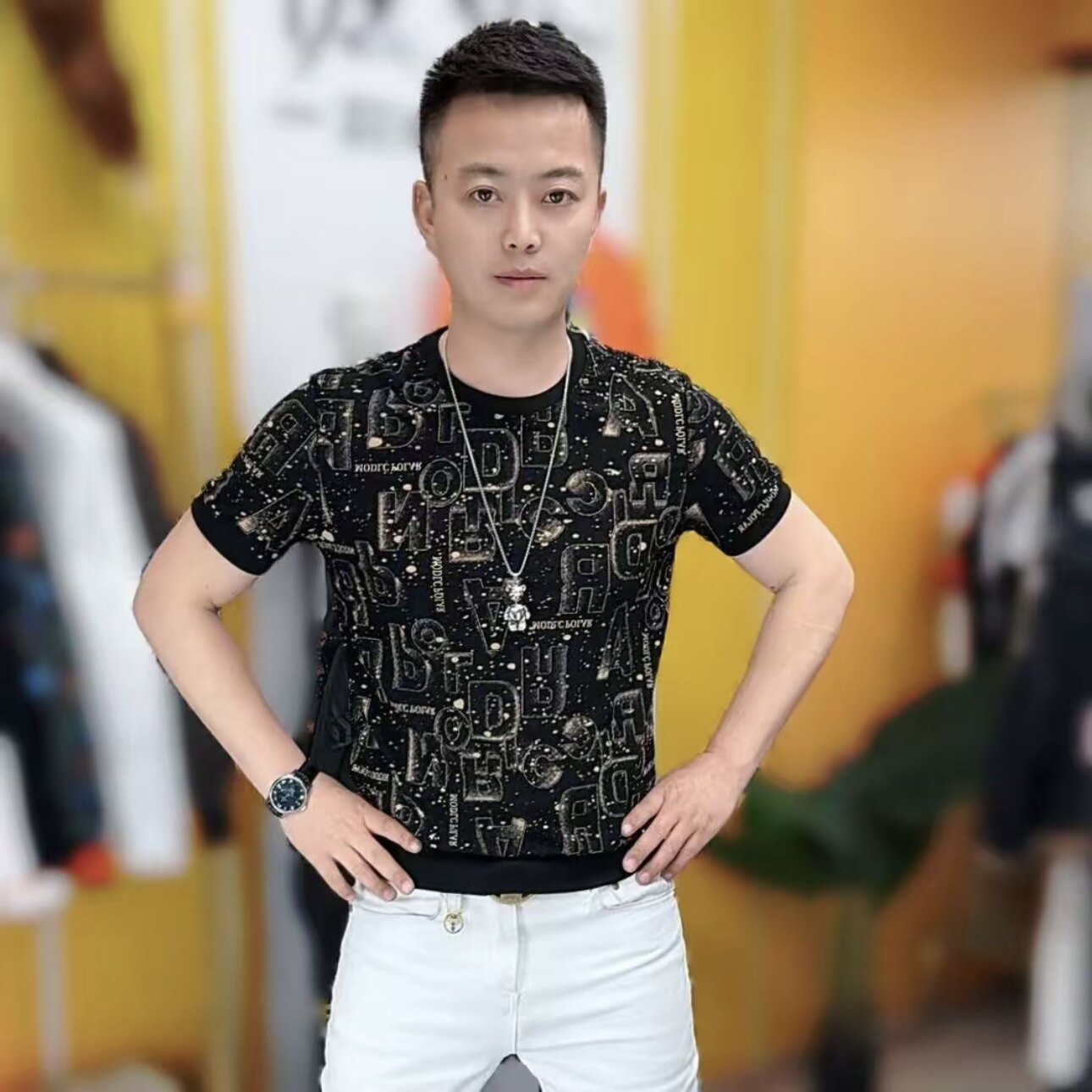 欧货站2025新款男士短袖夏季冰丝网眼圆领修身弹力潮牌个性男T恤