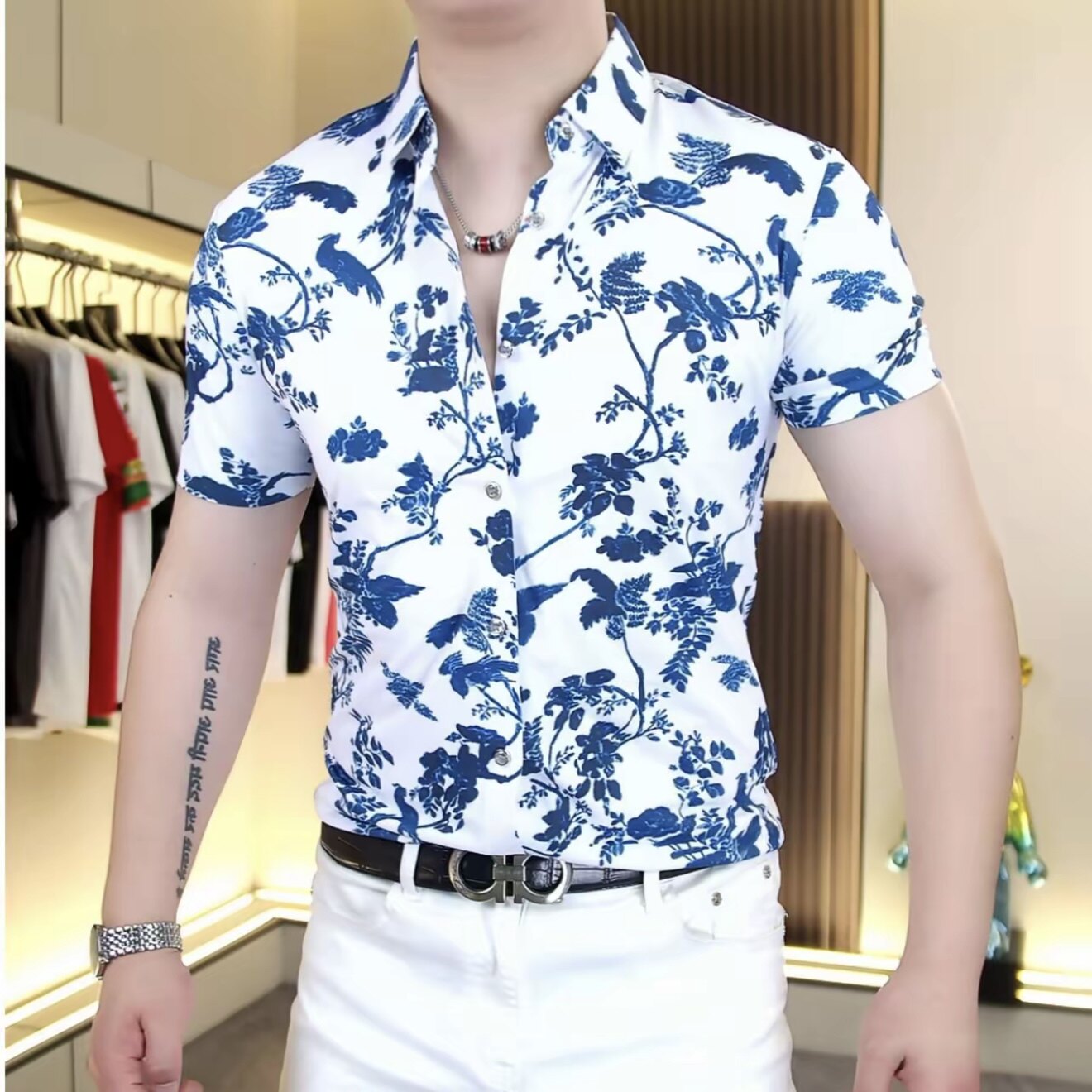 欧货夏季新款男士冰丝翻领立体花短袖衬衫时尚修身弹力半袖个上衣