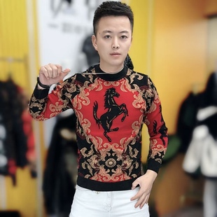 欧货冬季新款战马男士天鹅绒烫钻毛衣时尚修身弹力百搭型男打底衫