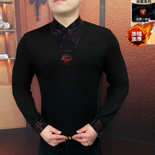 欧货冬季新款男士圆领巾帼领烫钻加绒卫衣时尚修身弹力百搭上衣男