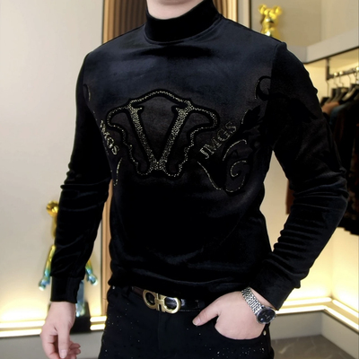 欧货站男士秋冬新款金丝绒加绒烫钻皇冠卫衣百搭修身长袖打底T恤