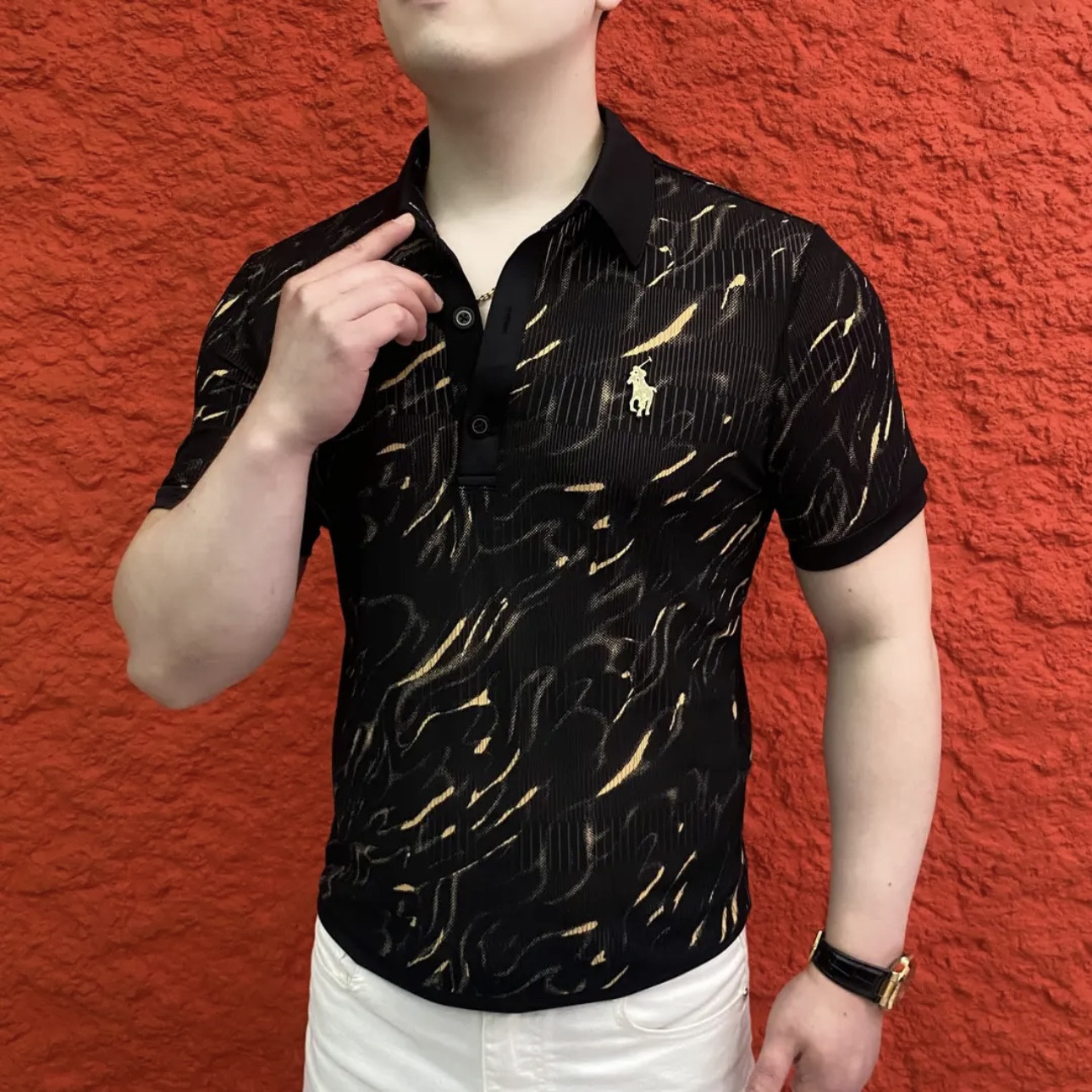 欧货夏季新款男士冰丝印花网眼翻领提花polo衫时尚修身弹力半袖男