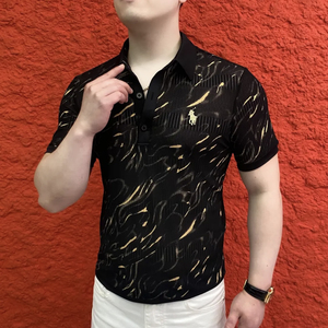 欧货夏季新款男士冰丝印花网眼翻领提花polo衫时尚修身弹力半袖男