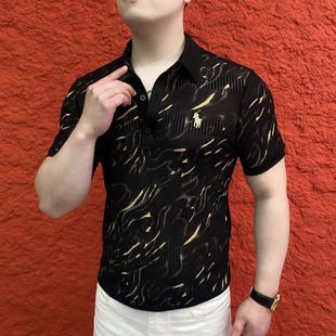 欧货夏季新款男士冰丝印花网眼翻领提花polo衫时尚修身弹力半袖男