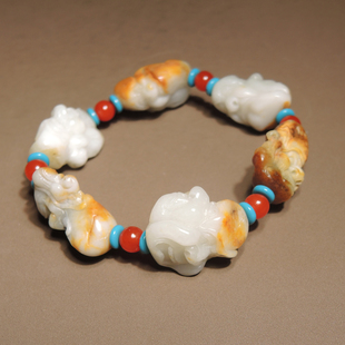 震惊方言玉龙河留皮孔黄沁皮白玉籽料三面雕工十八罗汉手链h0