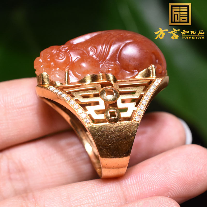 方言一手和田玉精品籽料老熟如酥鸽血红沁红玉貔貅金镶戒指扳指X