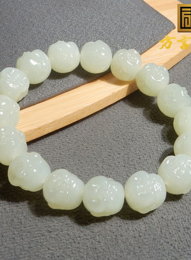 巨漏方言品牌和田玉青海料老坑料细腻晴水色卡12mm笑佛手串手链R5