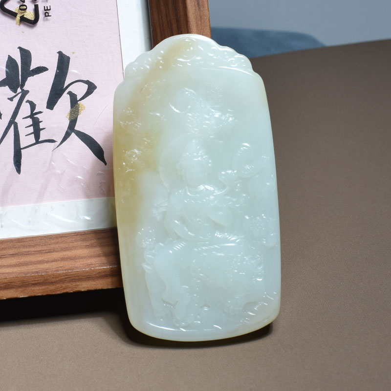 新疆老熟且末山料晶莹熟润高脂高糯糖白玉双面普贤菩萨牌子吊坠X3