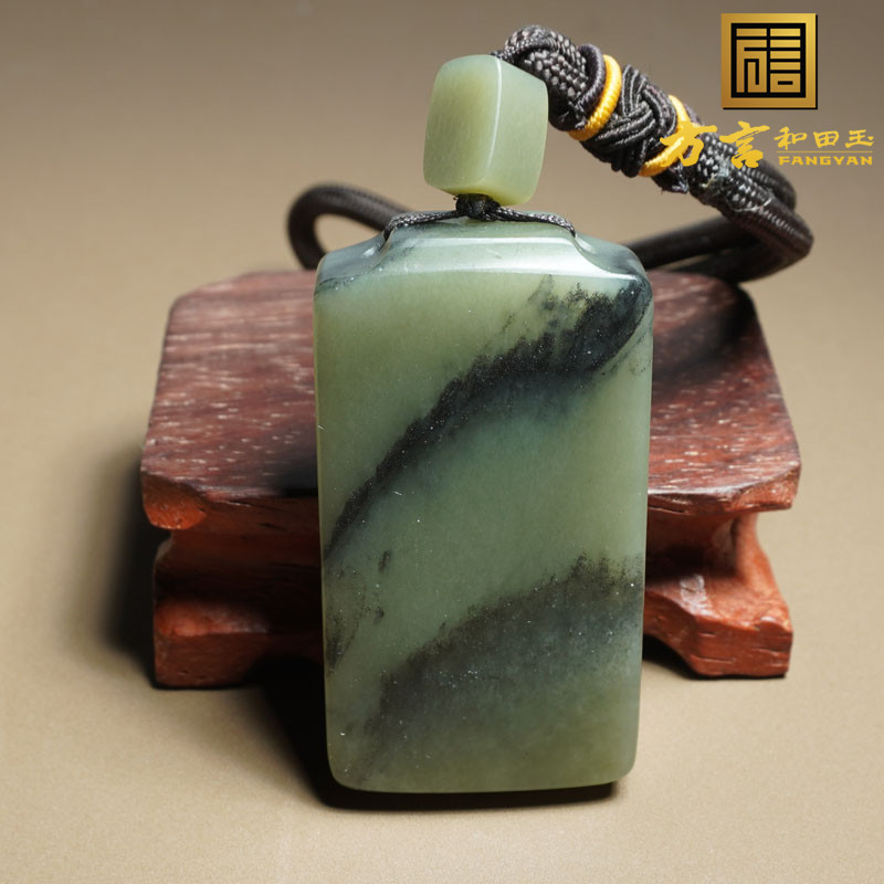 方言和田玉新疆佩戴特色意境山水青花一线天籽料平安无事牌吊坠X3