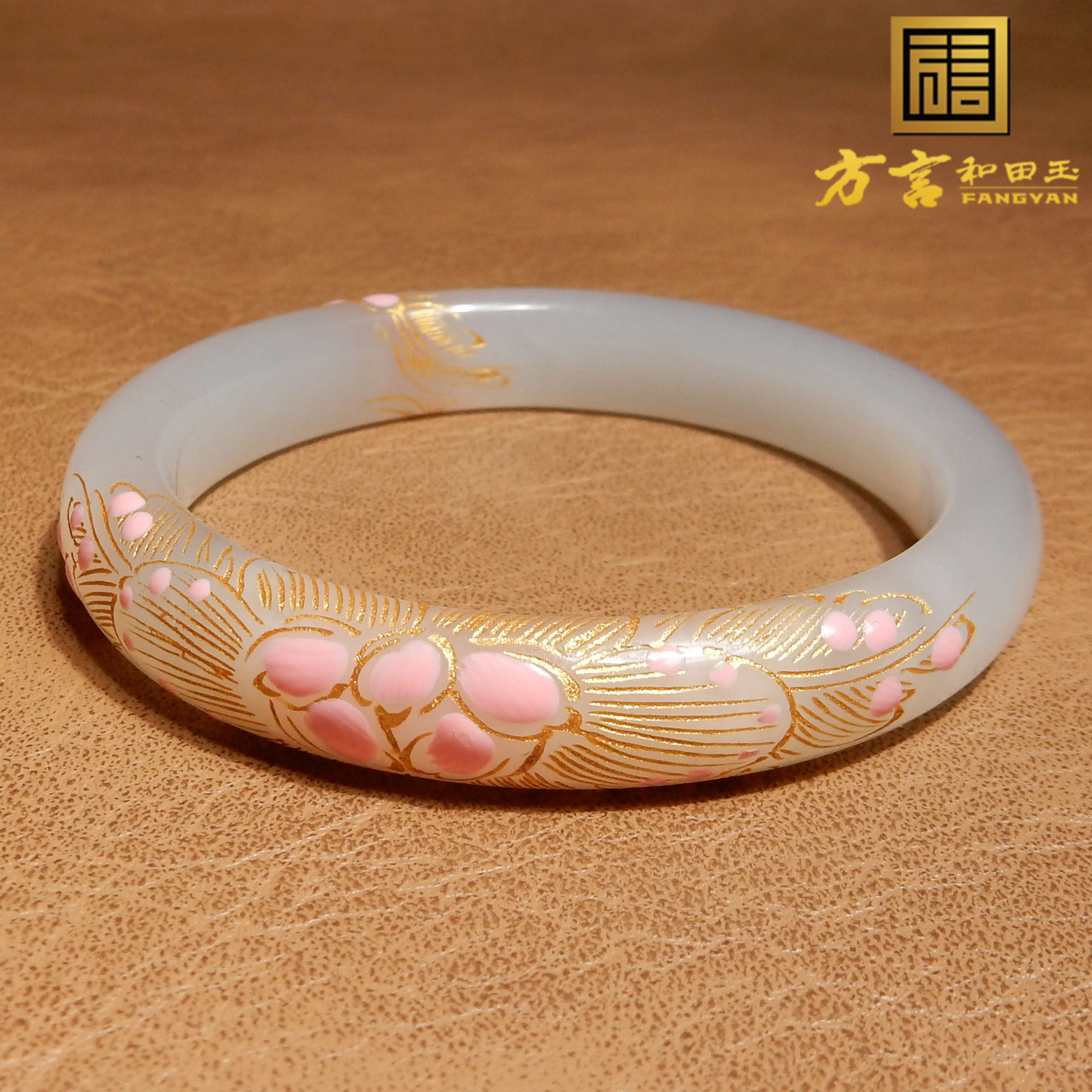亮眼方言和田玉且末料羊脂白玉温润景泰蓝工艺52mm描金时尚手镯A3