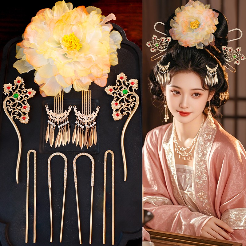 纱花古风发夹汉服边夹花朵发饰唐风流苏发钗发梳梅花簪子全套饰品