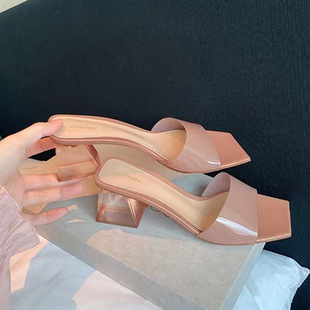 女夏外穿夏季 葡萄妈同款 水晶粗跟厚底方头一字带露趾凉拖鞋