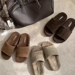 葡萄妈同款 女外穿 慵懒周末宽一字带厚底毛毛拖鞋