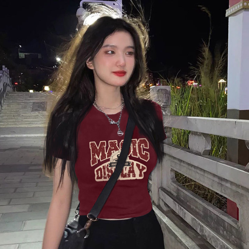 韩风ins辣妹酒红色短款短袖t恤女chic百搭正肩纯棉潮牌半袖上衣夏_虎窝淘