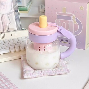 AKS高硼硅玻璃水杯新款大容量男女生带把手吸管杯办公室泡茶杯子