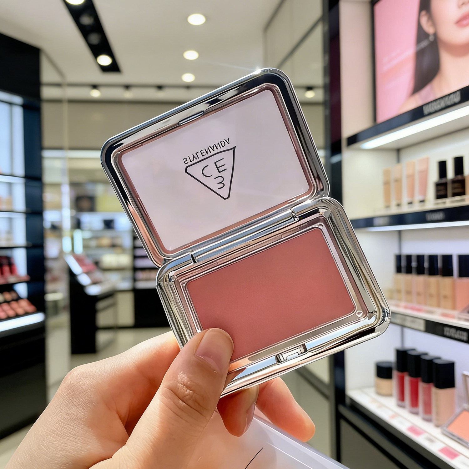 韩国3CE腮红立体修颜哑光微闪妆奶杏色女礼物正品3ce方格腮红膏