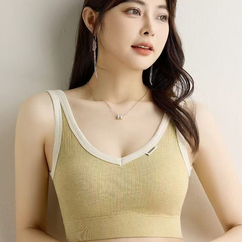无缝运动螺纹V领美背内衣一体式复合罩杯裹胸修身显瘦款背心