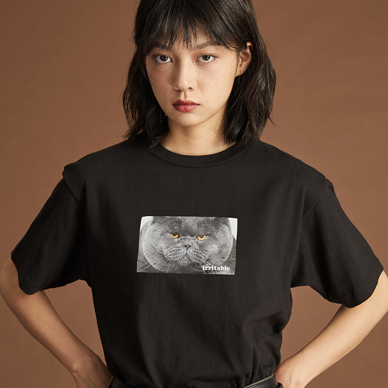 irritable短毛猫眼神短袖t恤学生ins风百搭设计感潮女宽松上衣