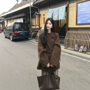立领短款双面呢羊绒大衣女2026冬季新款韩系棕色小个子羊毛呢外套