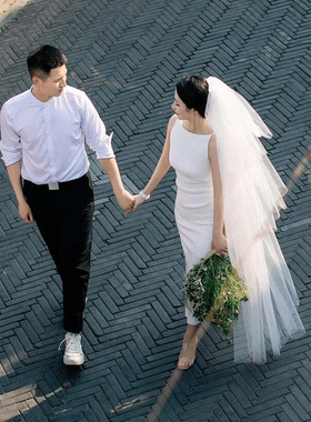 求婚登记领证头纱3层齐地长款蓬蓬纱新娘婚纱拍照道具超仙简约白