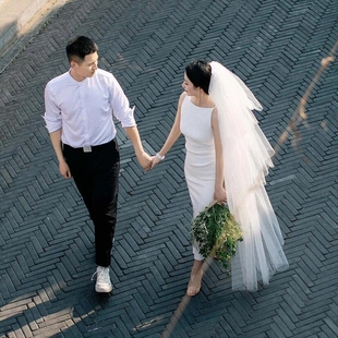 求婚登记领证头纱3层齐地长款蓬蓬纱新娘婚纱拍照道具超仙简约白