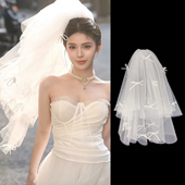 新娘头纱领证登记拍照道具求婚头饰结婚主婚纱高级感手打小蝴蝶结