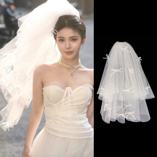 新娘头纱领证登记拍照道具求婚头饰结婚主婚纱高级感手打小蝴蝶结