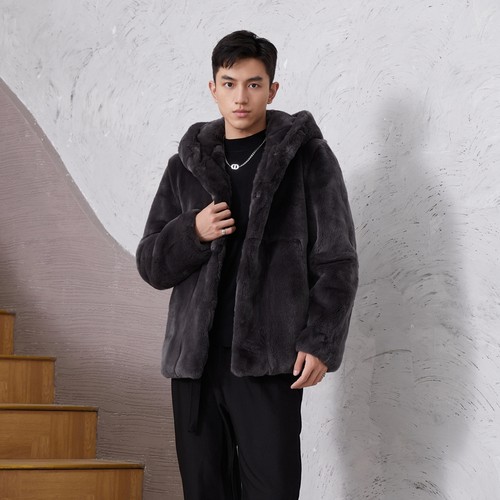 男士连帽时尚獭兔毛皮草外套